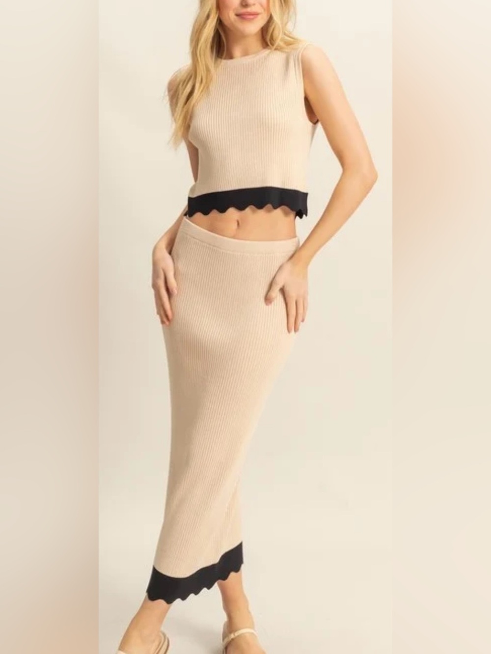 NEW MABLE Taupe Ribbed Pencil Skirt Set with Black Scalloped Trim Size S